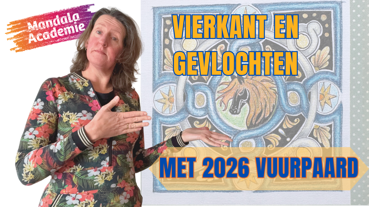 januari 26 vlechten en paard mandala Vierkante en gevlochten mandala met vuurpaard tekenen.
