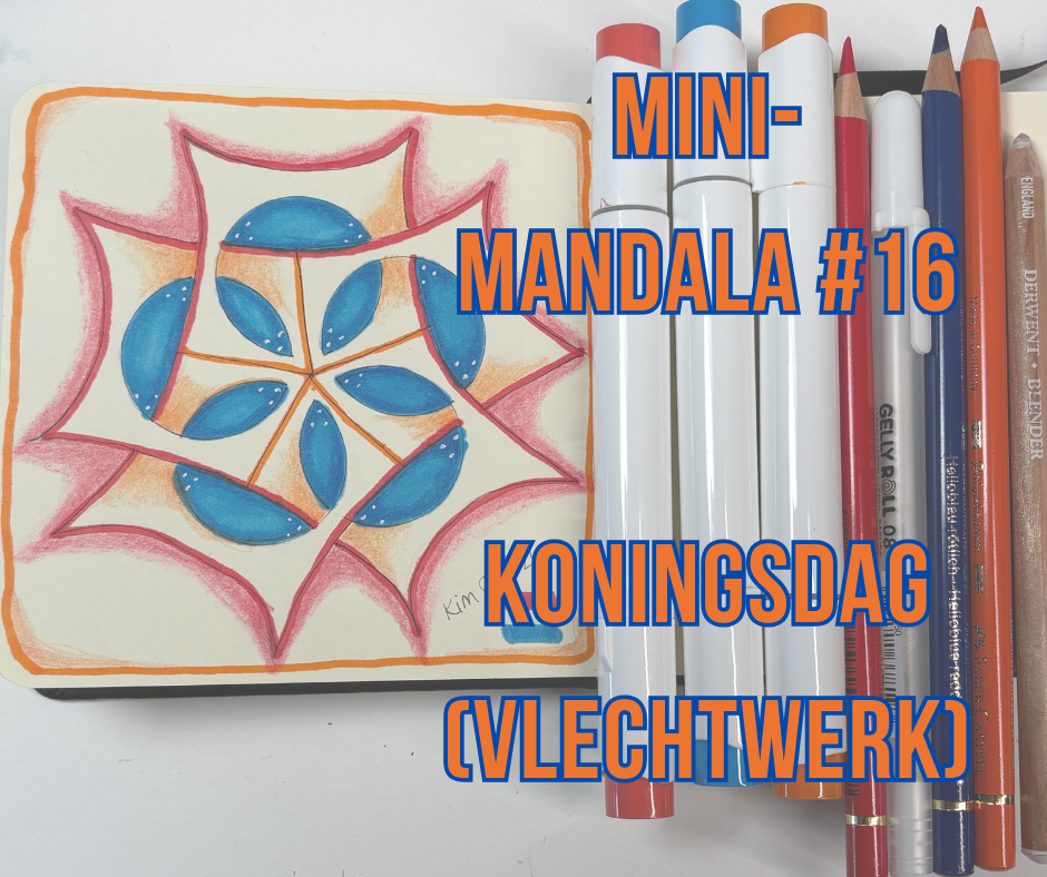 Stappenplan voor het tekenen van een Koningsdag mini-mandala met vlechtwerk.