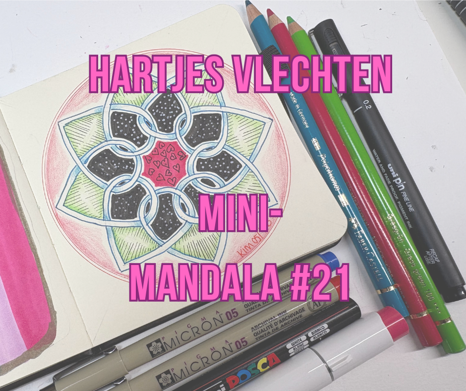 Een met passer getekende hartjes mandala in een sketchbook met fineliner en Keltische knopen, wekelijkse tekentip van Kim Vermeer.