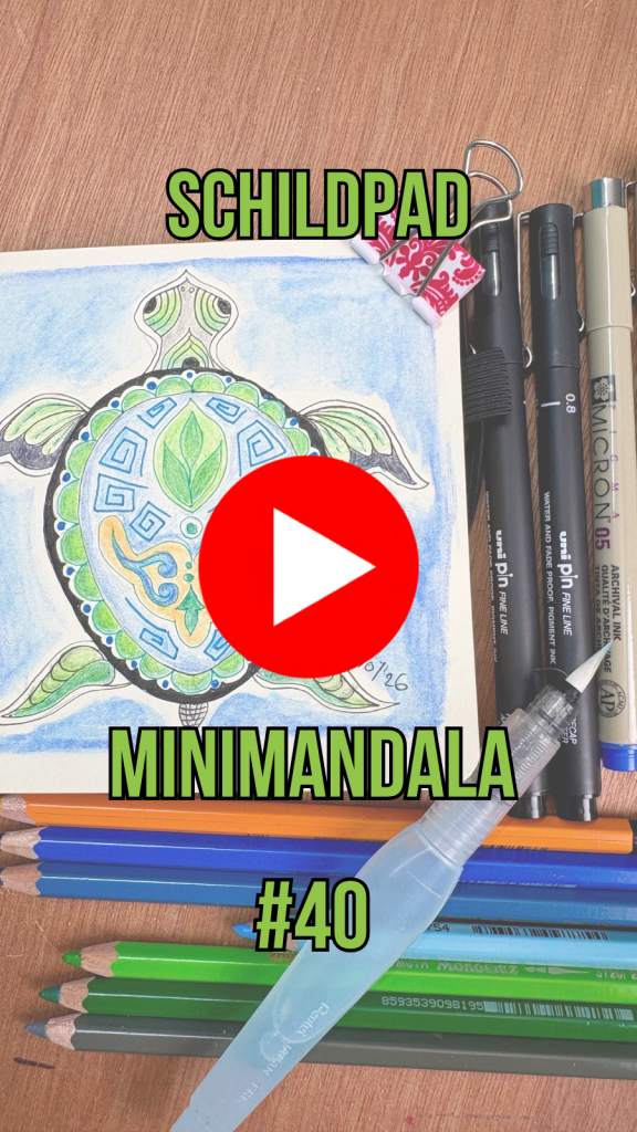 Inktober: schildpad-mandala met fineliner, aquarelpotlood en water (Mini-Mandala #40)